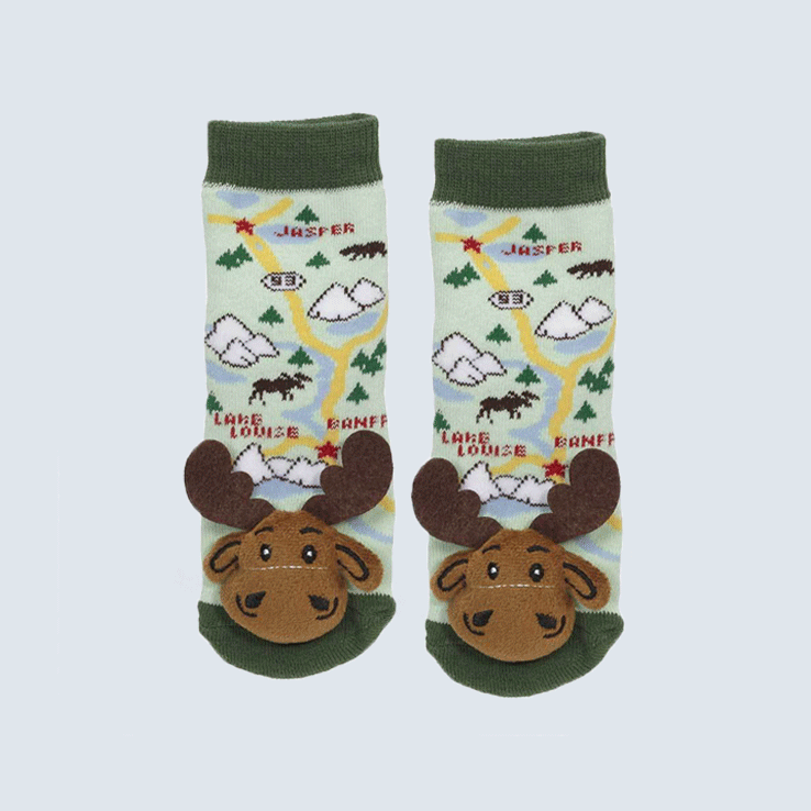 Two socks against a white background. The socks feature a map of Alberta and a cute plush bear charm on the toe.