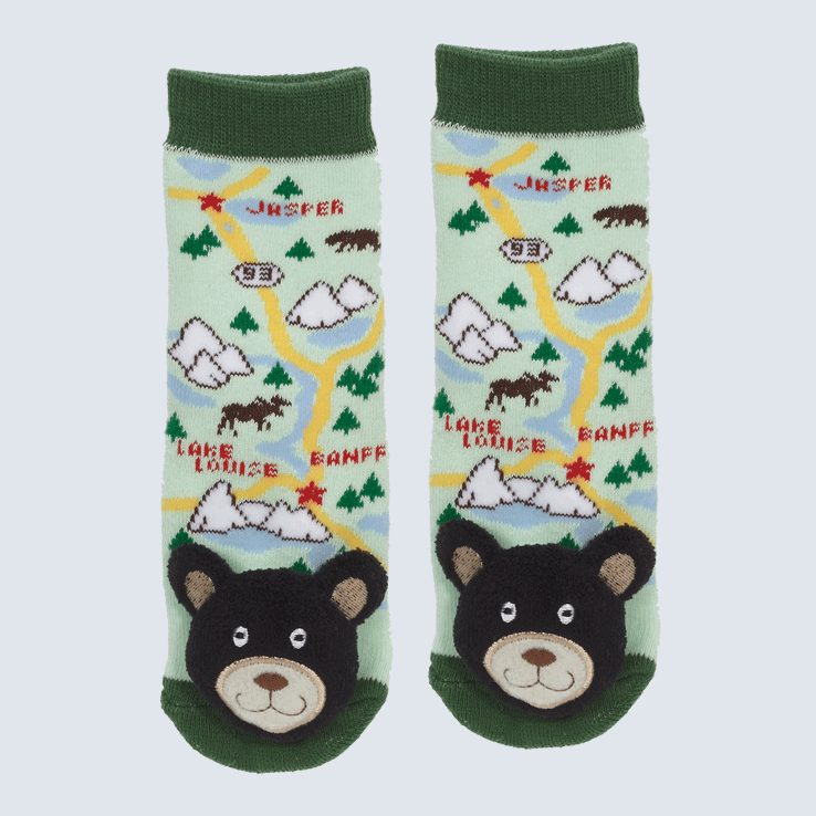 Two socks against a white background. The socks feature a map of Alberta and a cute plush bear charm on the toe.