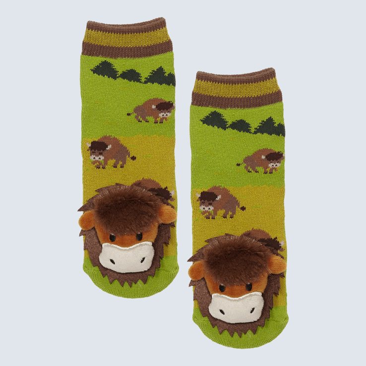 Two socks against a white background. The socks feature bison grazing in a field and a cute plush bison on each toe.