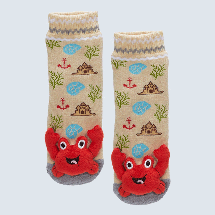 Two socks against a white background. The socks feature a cute plush lobster charm on each toe.
