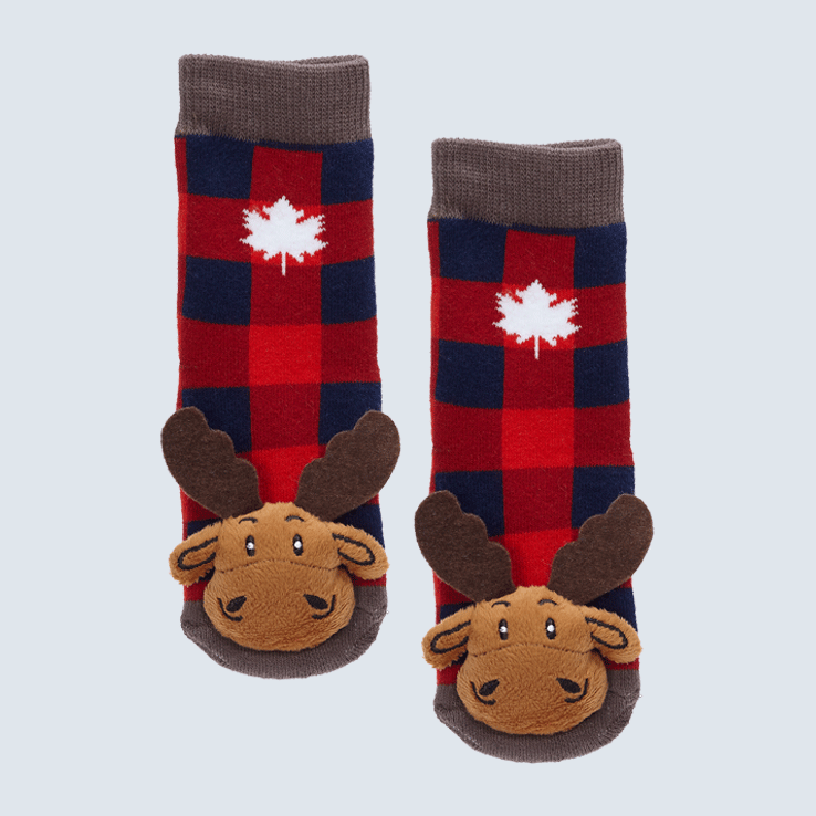 Baby Socks Plaid Moose with Maple Leaf