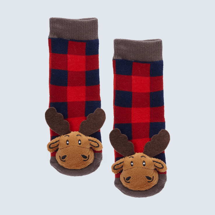 Two plaid socks against a white background. The socks feature a cute plush moose charm on the toe.
