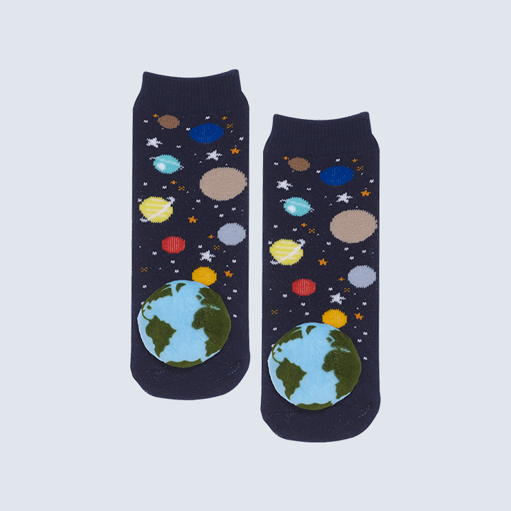 Two socks against a white background. The socks feature a space motif and a cute plush earth charm on each toe.